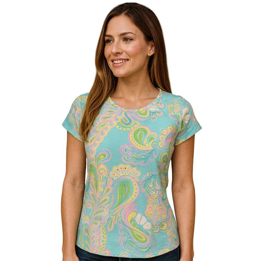 Lilly pulitzer sz XS bright colorful stretch paisley floral top short sleeve EUC